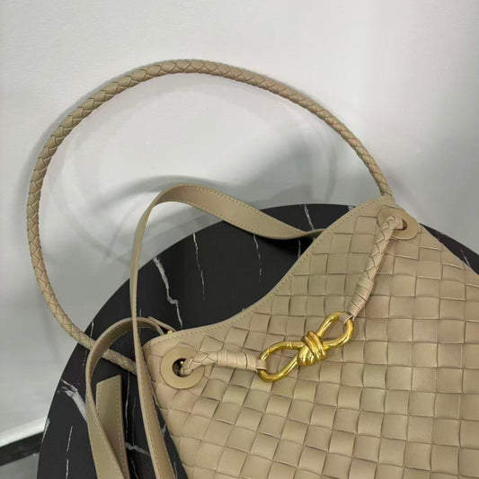 Verona Weave Top-Grain Leather Bucket Tote – Sand Beige