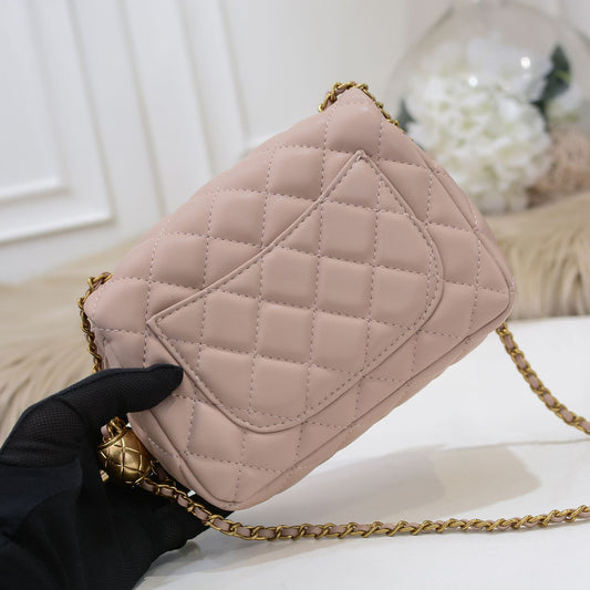 Quilted Pink HandBag w/Ball Chain - Leather
