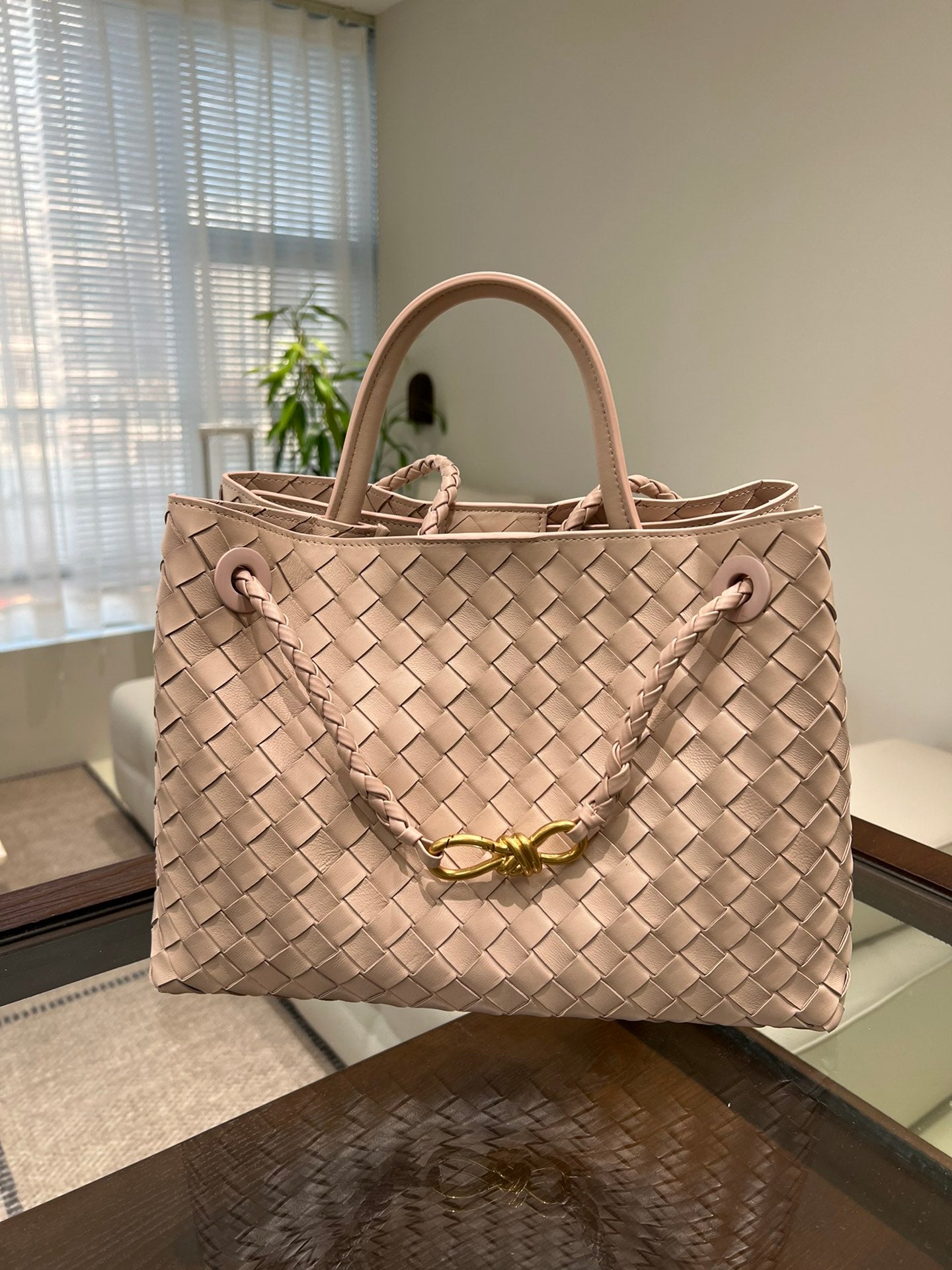 Pink Woven Leather Top-Handle Tote