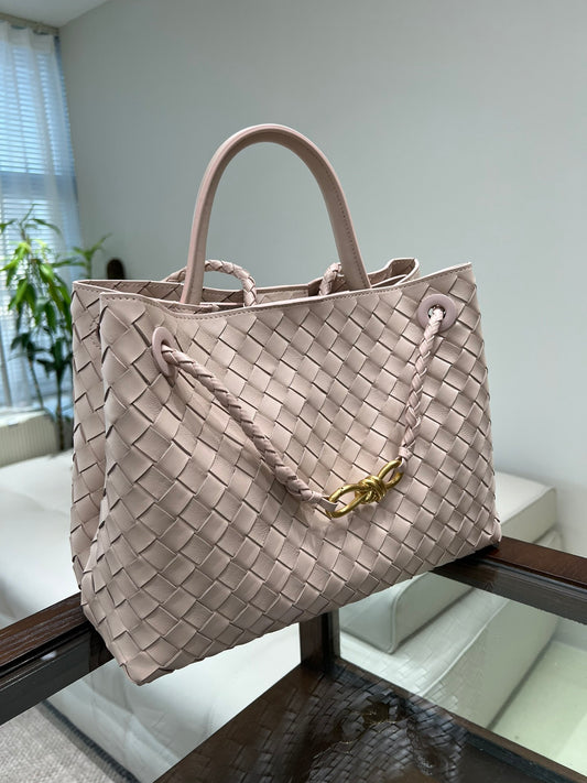 Pink Woven Leather Top-Handle Tote