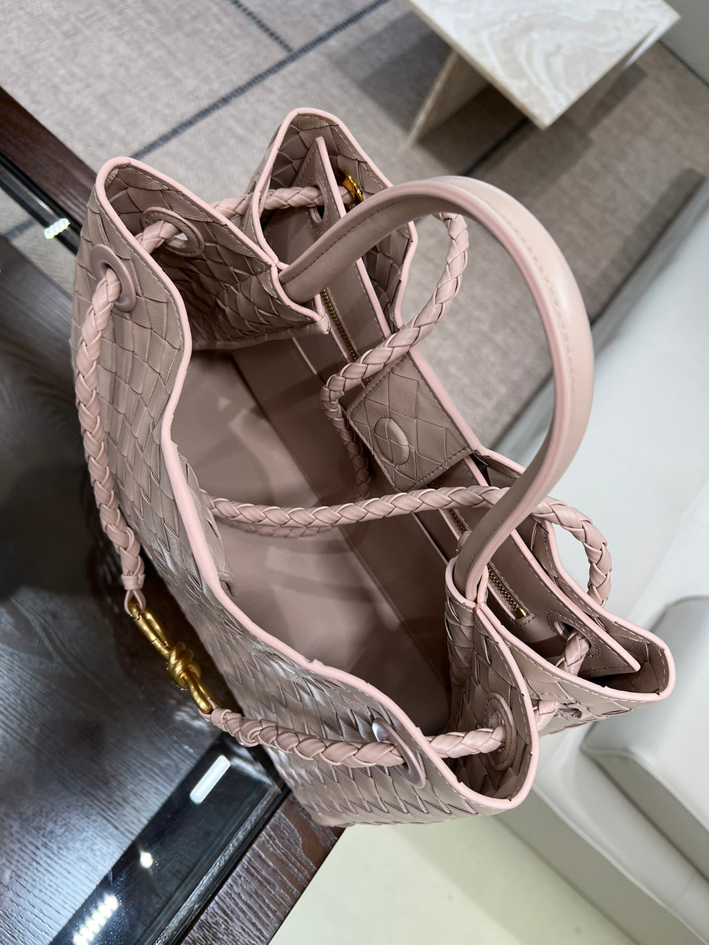 Pink Woven Leather Top-Handle Tote