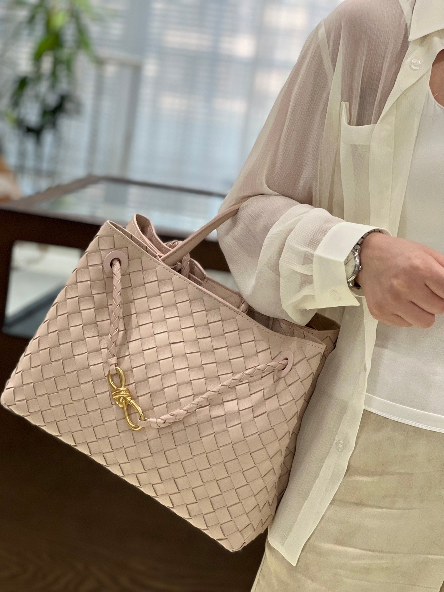 Pink Woven Leather Top-Handle Tote