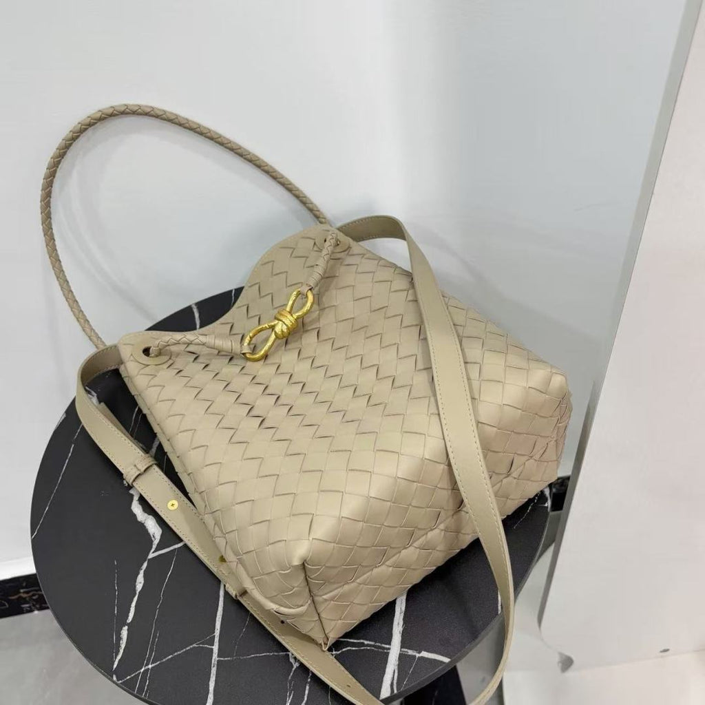 Verona Weave Top-Grain Leather Bucket Tote – Sand Beige