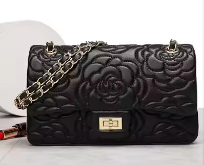 Black Camellia Quilted Leather Chain Bag