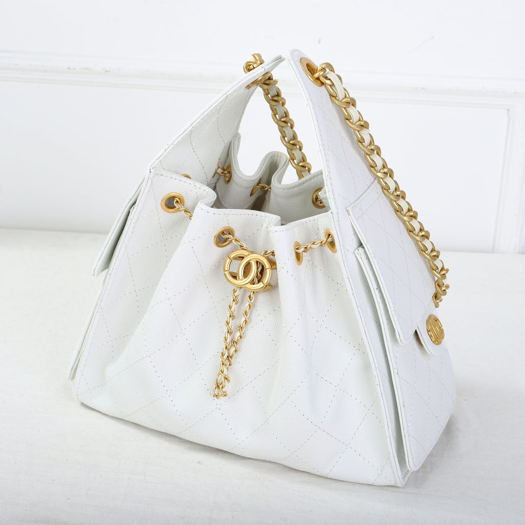 White Caviar Leather Quilted Chain Shoulder Bag