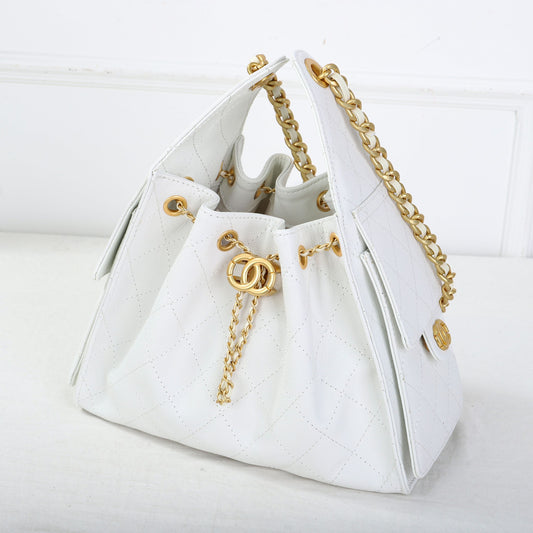 White Caviar Leather Quilted Chain Shoulder Bag
