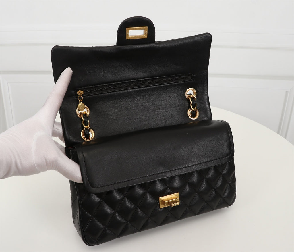 Quilted Black Medium Shoulder HandBag – Top-Grain Sheepskin