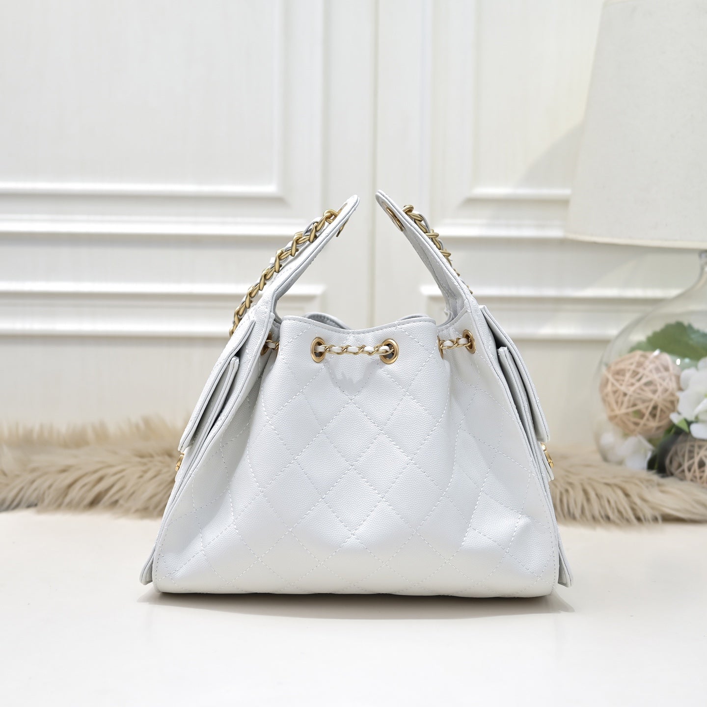 White Caviar Leather Quilted Chain Shoulder Bag