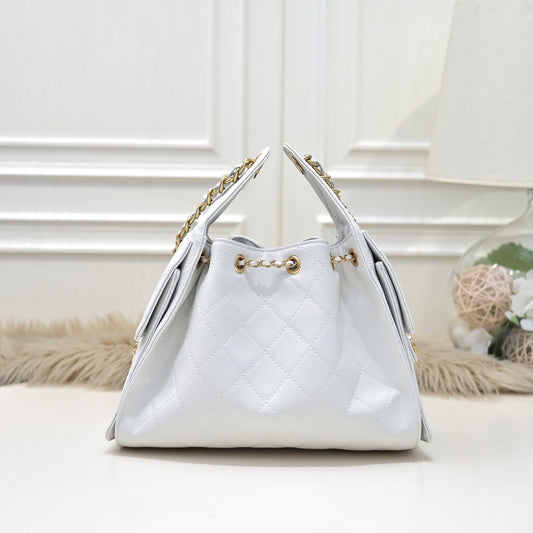 White Caviar Leather Quilted Chain Shoulder Bag