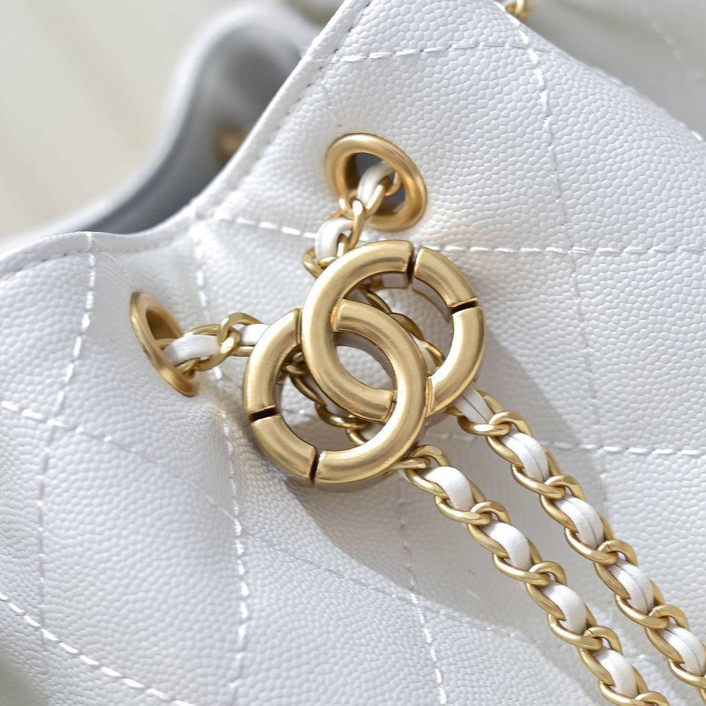White Caviar Leather Quilted Chain Shoulder Bag