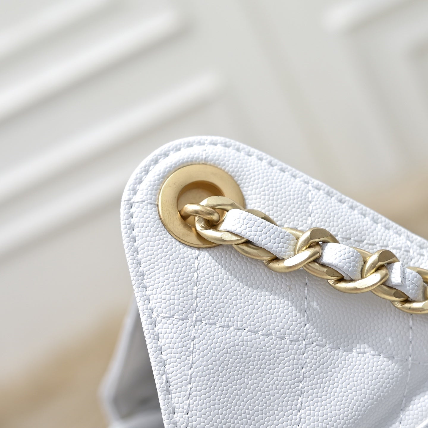 White Caviar Leather Quilted Chain Shoulder Bag