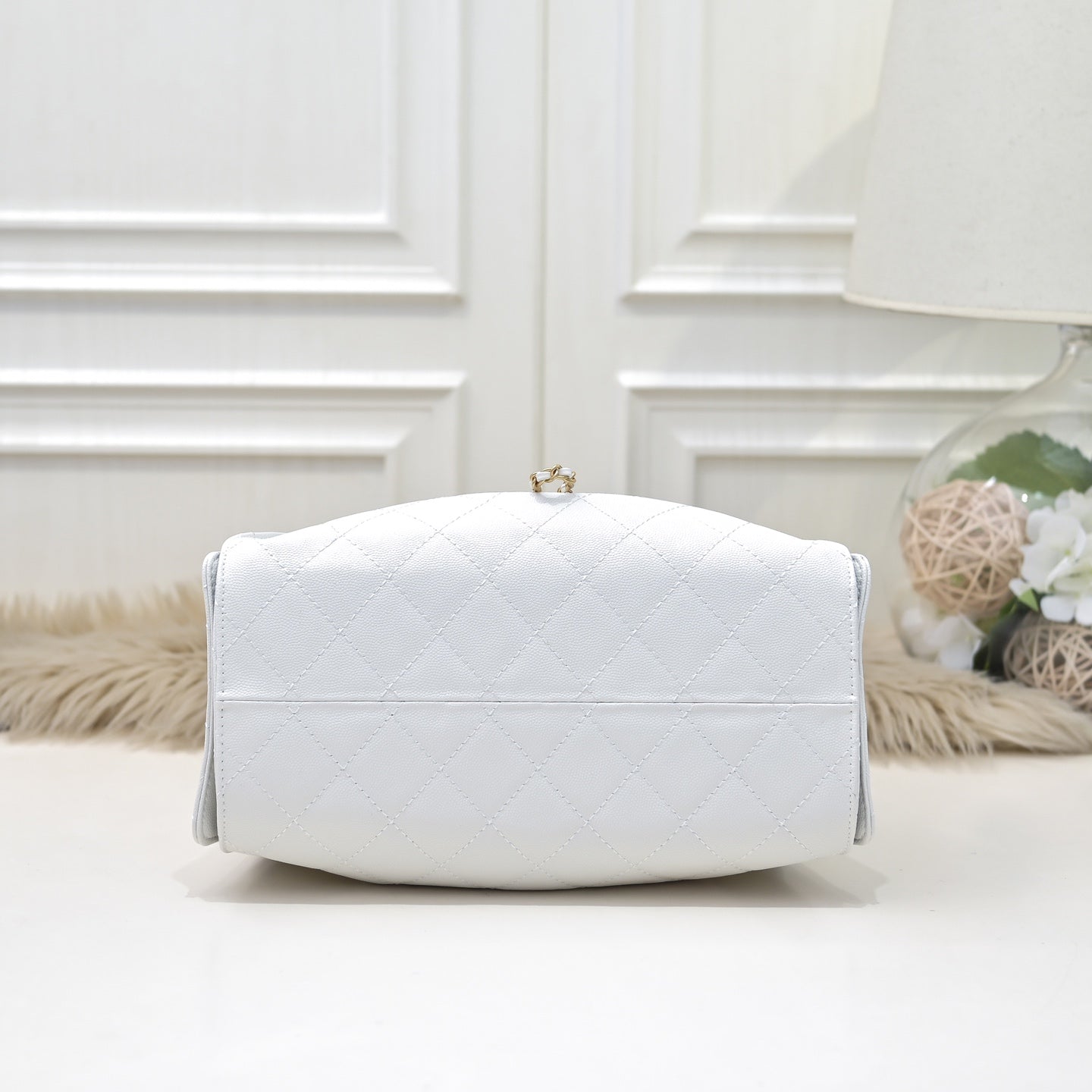 White Caviar Leather Quilted Chain Shoulder Bag