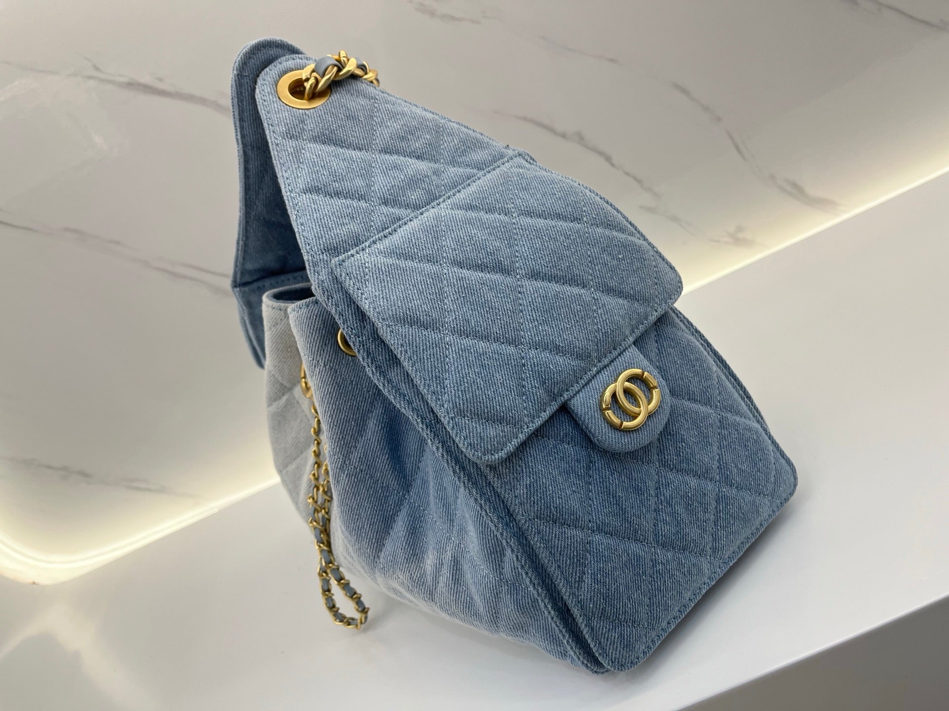 Quilted Denim Chain Shoulder Bag