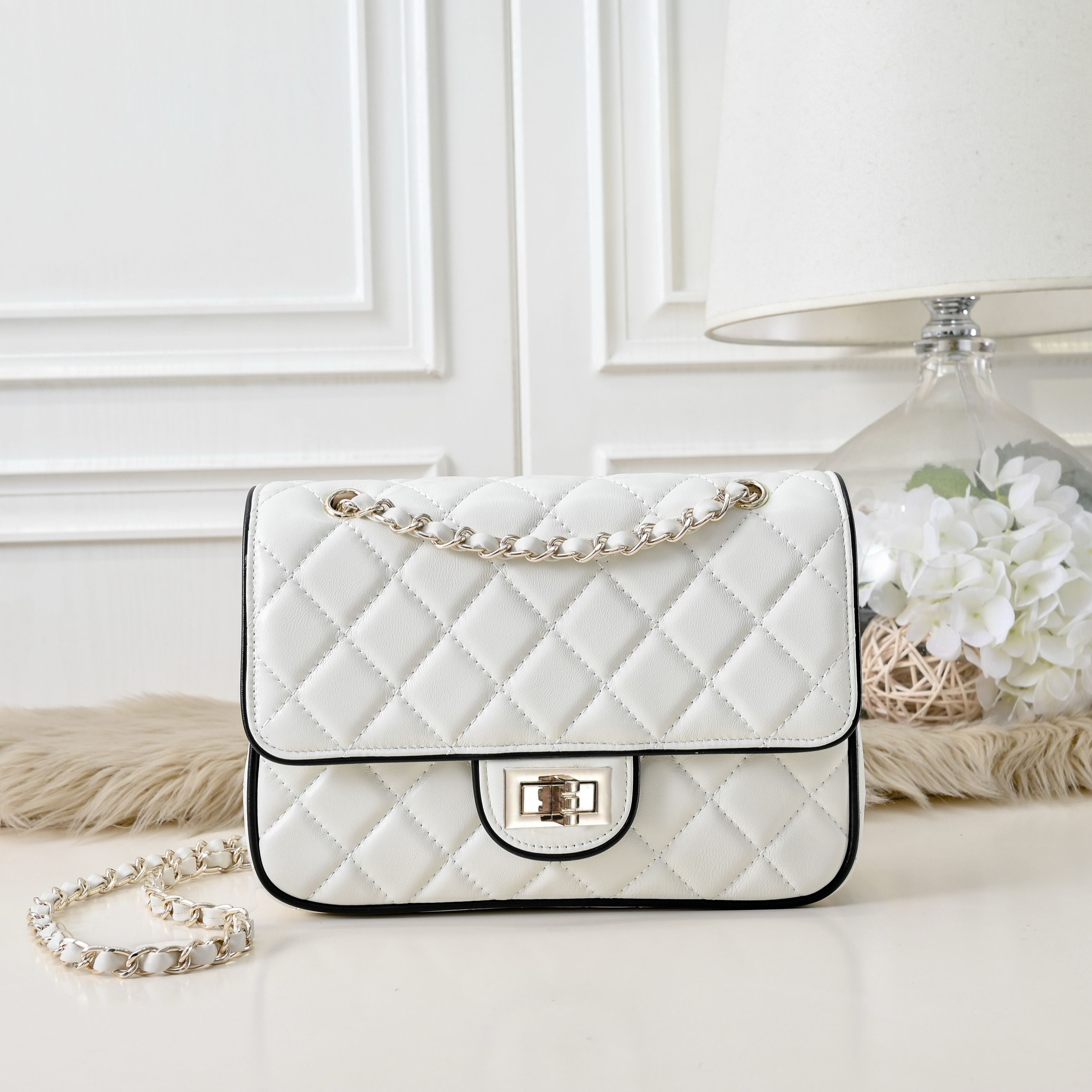“Ivory Mini Quilted” Leather Chain Bag