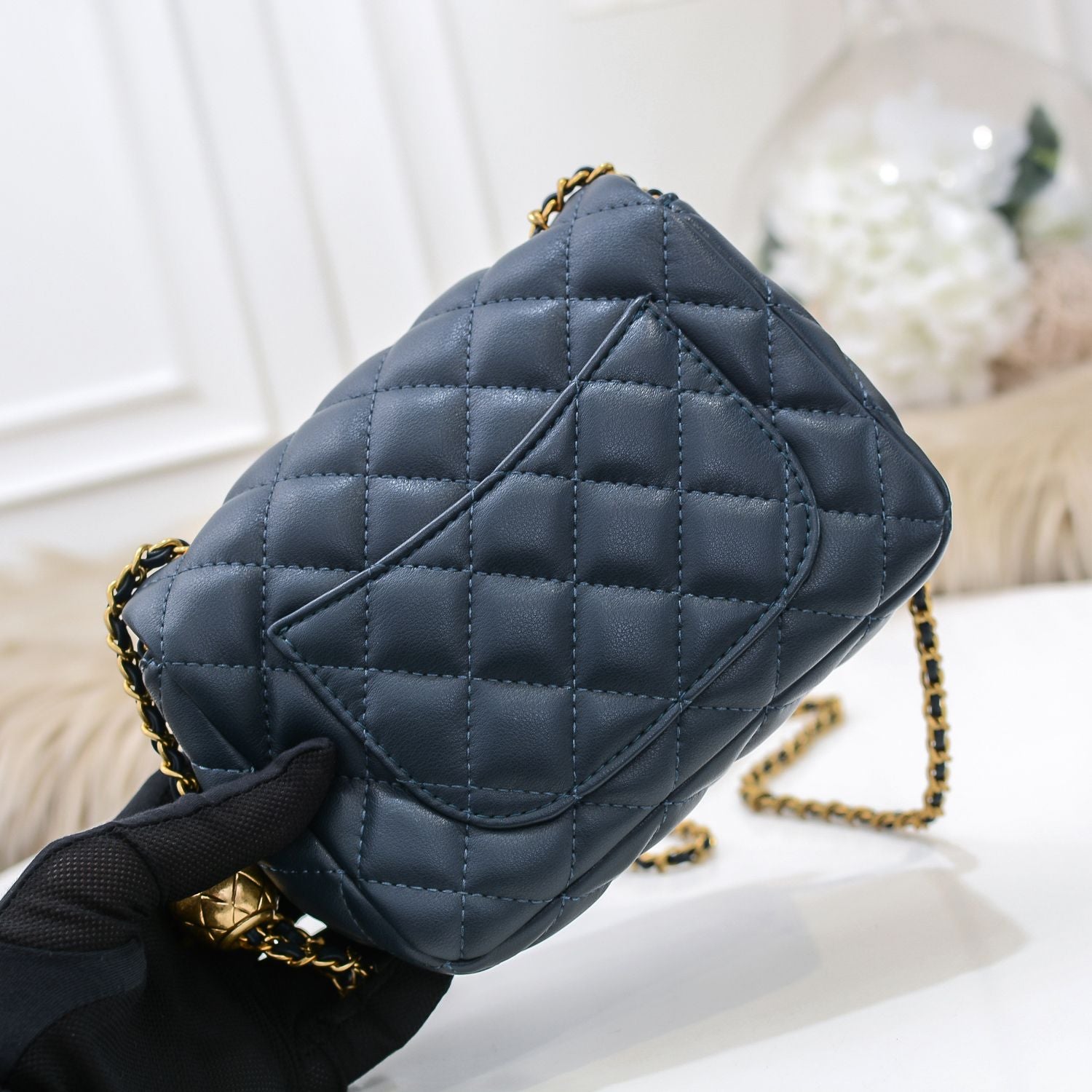 Quilted Navy Leather HandBag w/Ball Chain