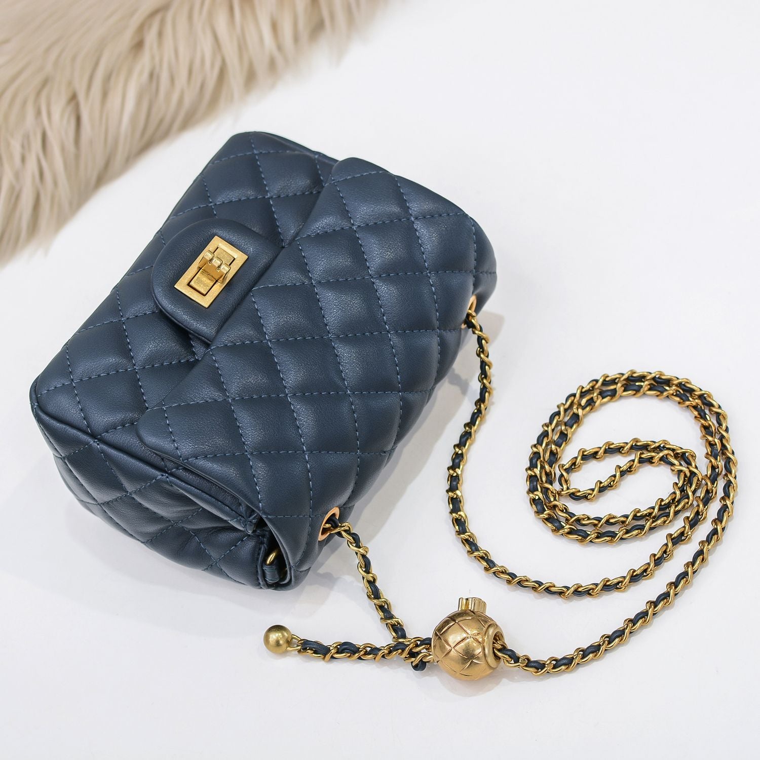 Quilted Navy Leather HandBag w/Ball Chain
