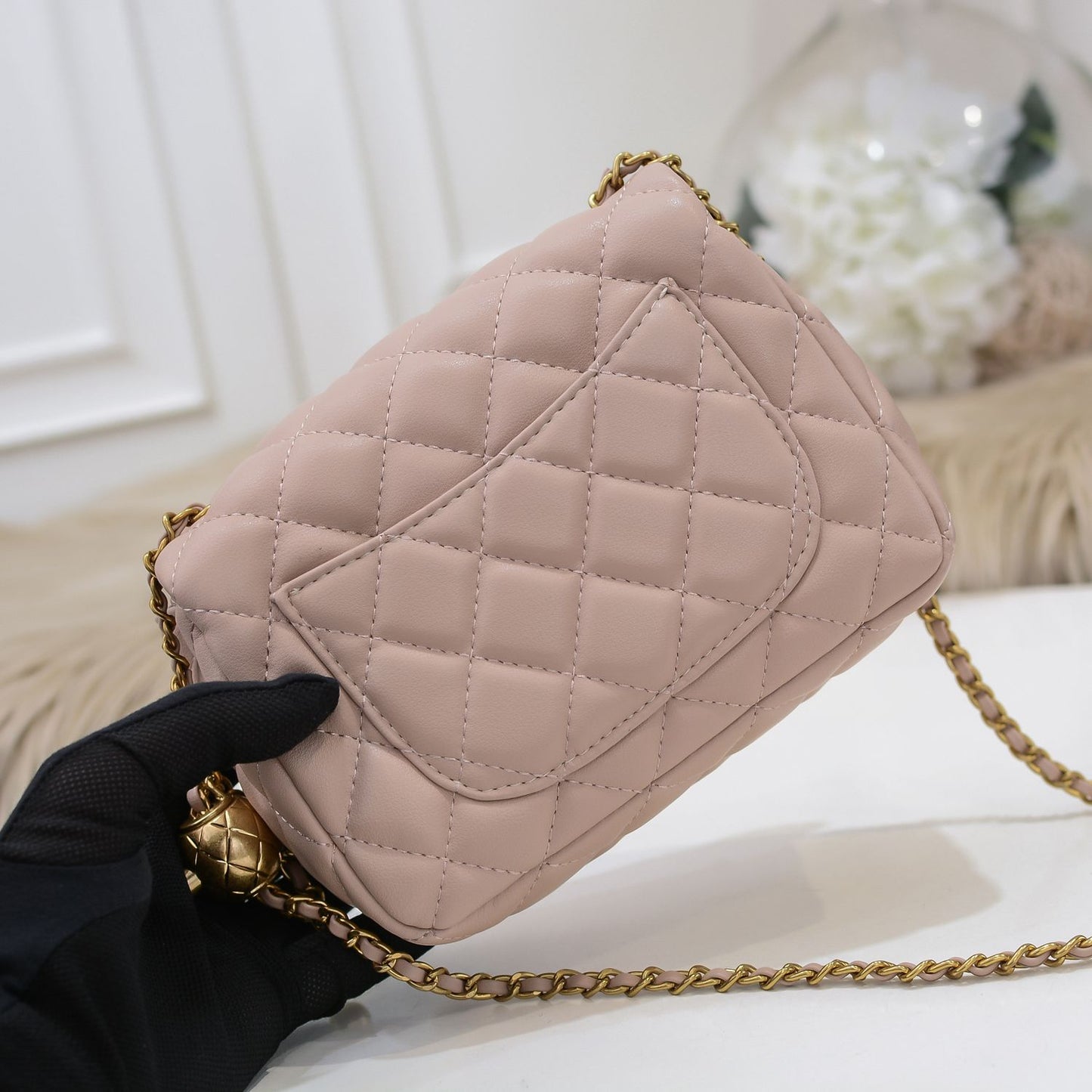 Quilted Pink HandBag w/Ball Chain - Leather
