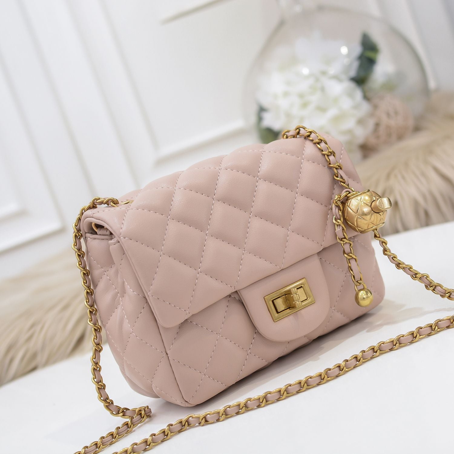 Quilted Pink HandBag w/Ball Chain - Leather