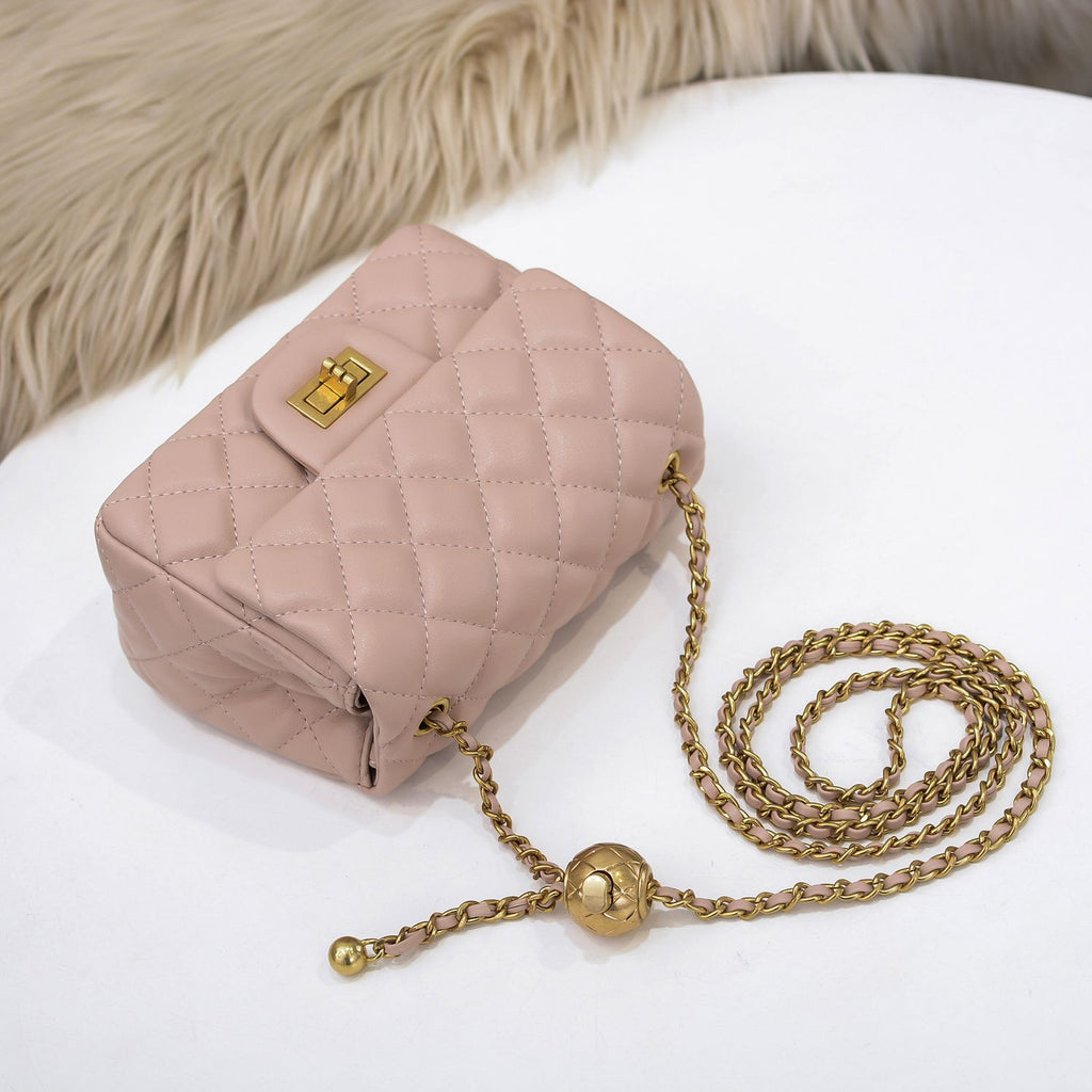 Quilted Pink HandBag w/Ball Chain - Leather