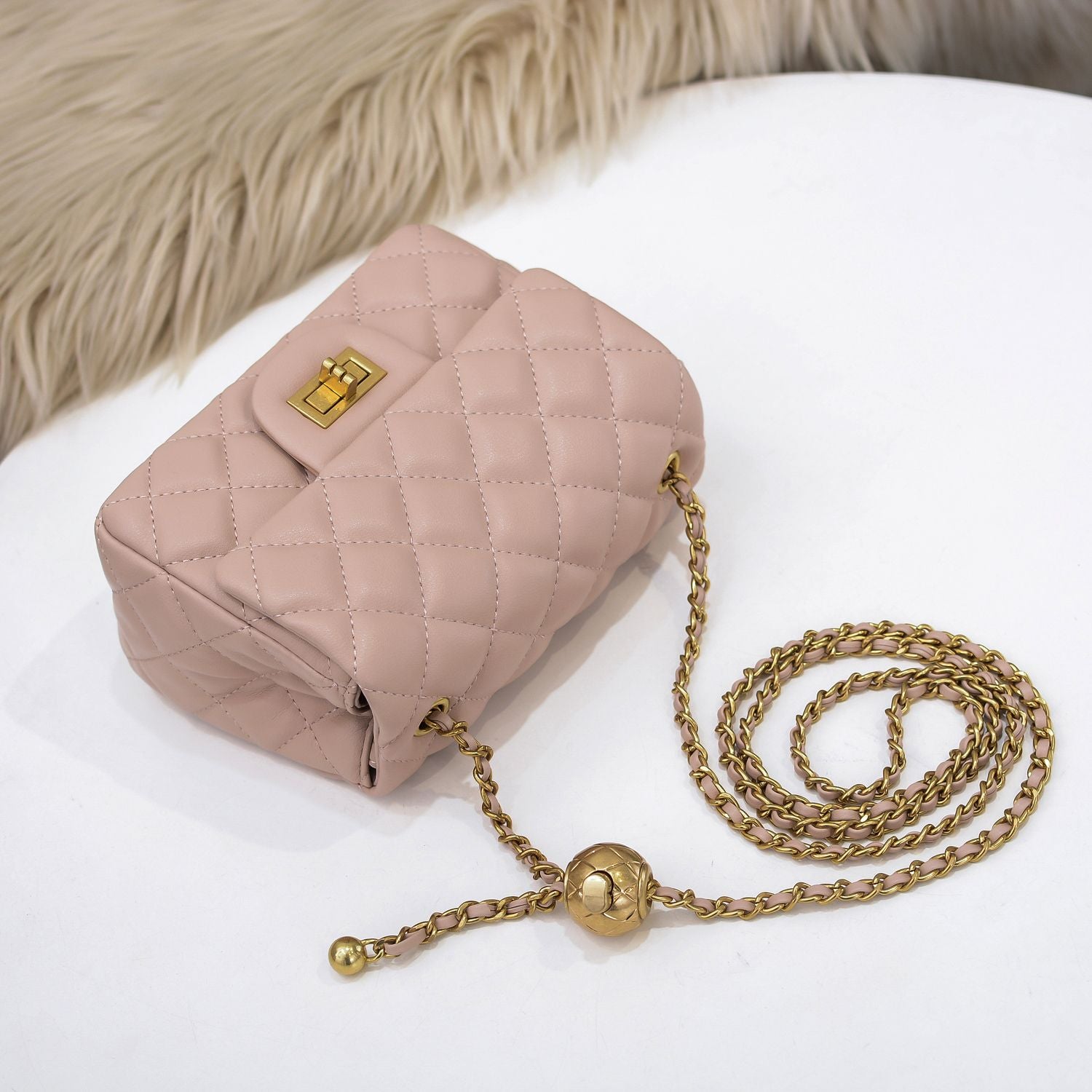 Quilted Pink HandBag w/Ball Chain - Leather